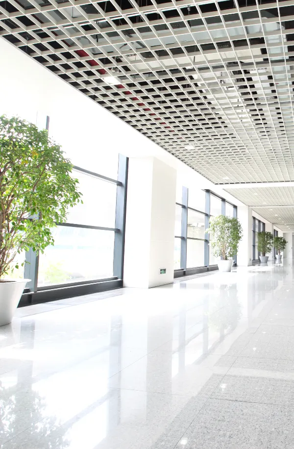 A gleaming hallway of a commerical building