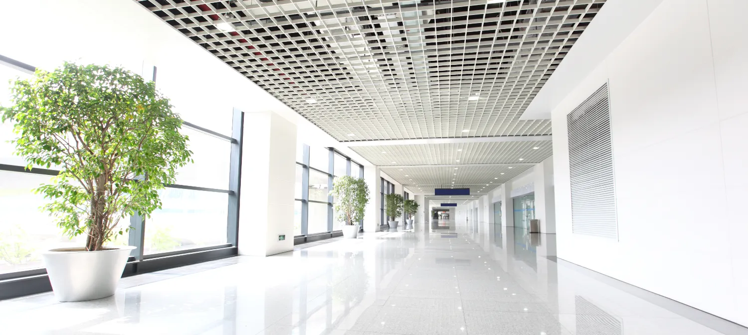 A gleaming hallway of a commerical building